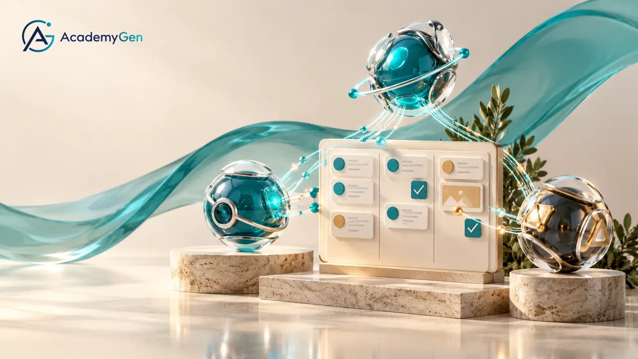 A task board with checked items between three glass spheres linked by a looping teal path, on stone plinths