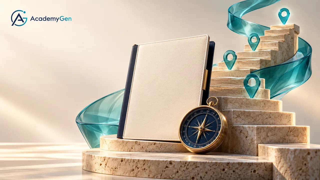 A closed portfolio and a brass compass in front of stone steps marked with teal location pins
