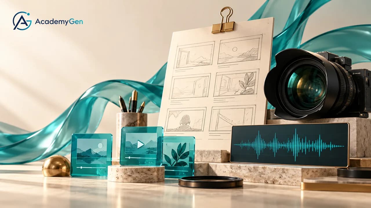 A clipped storyboard sketch, a camera, an audio waveform panel and small teal glass media tiles on stone blocks