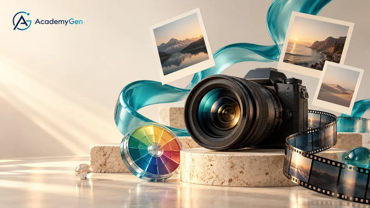 A camera with a colour wheel, a strip of film and floating landscape photographs on stone plinths
