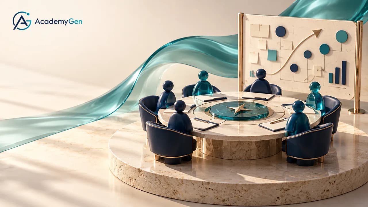 A round stone table with navy chairs and small abstract figure tokens, in front of a board showing a rising chart