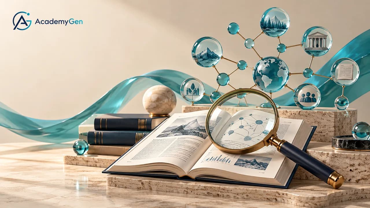 An open book under a magnifying glass, stacked books and a network of linked glass spheres on stone