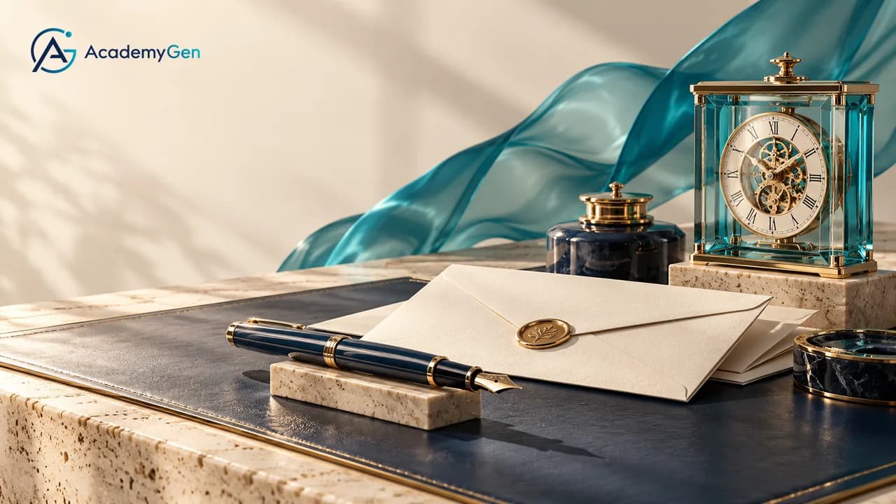 A sealed envelope and a fountain pen on a navy desk pad, with an ink bottle and a glass desk clock