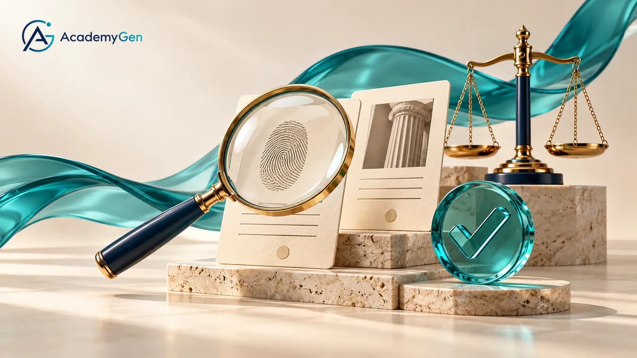 A magnifying glass over a fingerprint card, a pair of brass scales and a teal glass check mark on stone