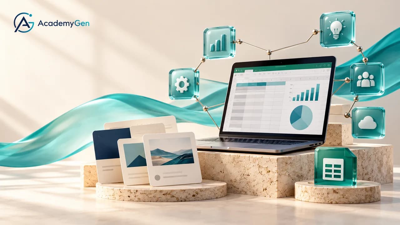 A laptop showing a spreadsheet dashboard, document cards and floating teal tiles for charts, ideas, people and cloud files