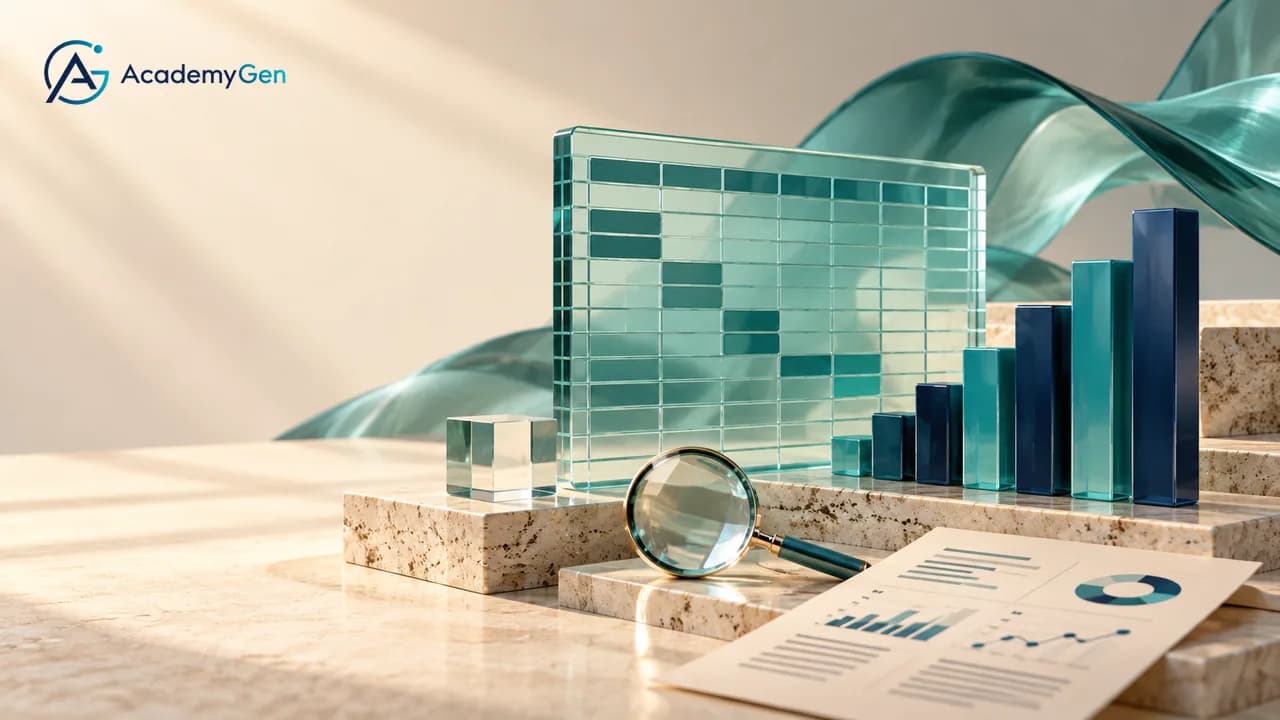 A glass spreadsheet panel beside a rising teal and navy bar chart, a magnifying glass and a printed report on a stone surface