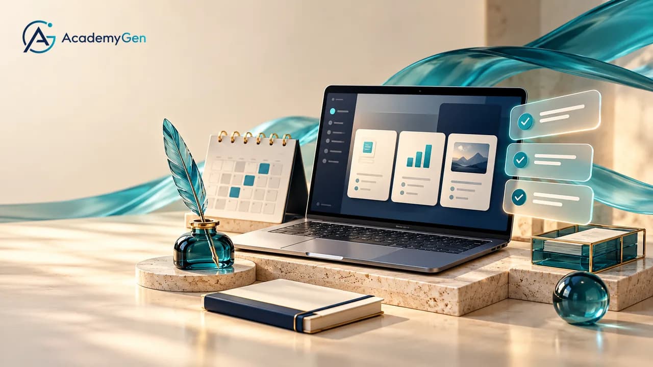 A laptop showing document and chart cards on a stone desk, with a desk calendar, a teal ink bottle and quill, a notebook and floating teal checklist panels