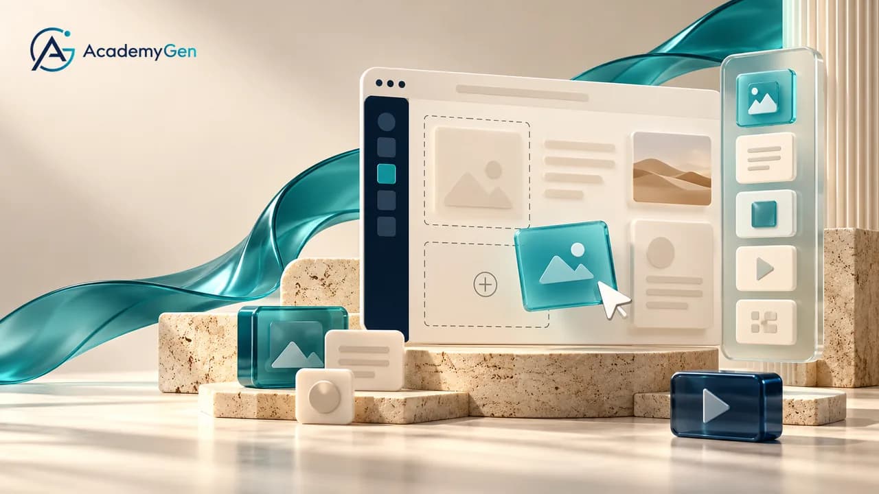 A layered app-builder screen with image and text blocks, a cursor and teal glass component tiles on stone blocks