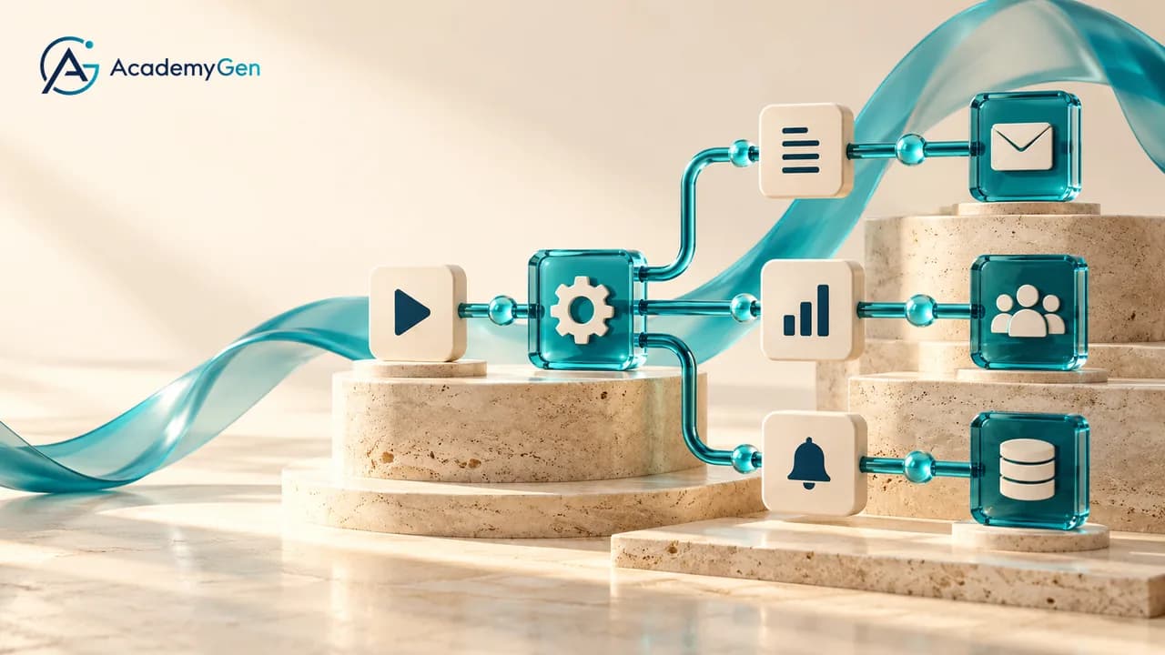 A teal gear block connected by glass pipes to tiles for a document, an email, a chart, a team, a notification and a database, on stone steps